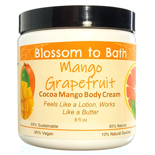 Buy Blossom to Bath Mango Grapefruit Cocoa Mango Body Cream from Flowersong Soap Studio.  Rich organic butters luxury soften and moisturize even the roughest skin all day  Exotic tropical fruits in a powdery puff of sophisticated freshness.