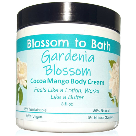 Buy Blossom to Bath Gardenia Blossom Cocoa Mango Body Cream from Flowersong Soap Studio.  Rich organic butters  soften and moisturize even the roughest skin all day  Sweet Gardenia in a puff of blooming summer flowers
