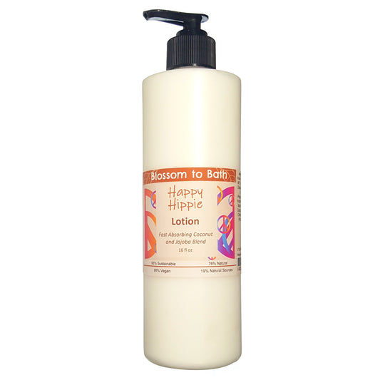 Buy Blossom to Bath Happy Hippie Lotion from Flowersong Soap Studio.  Daily moisture luxury that soaks in quickly made with organic oils and butters that soften and smooth the skin  A refreshing herbal fragrance that elevates your mood and your perspective.