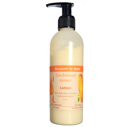 Buy Blossom to Bath Sandalwood Amber Lotion from Flowersong Soap Studio.  Daily moisture  that soaks in quickly made with organic oils and butters that soften and smooth the skin  An irresistible combination of warm sandalwood and spice.