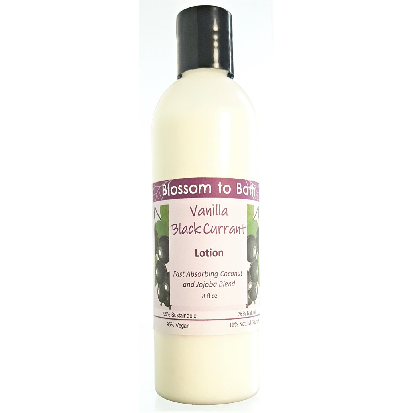 Buy Blossom to Bath Vanilla Black Currant Lotion from Flowersong Soap Studio.  Daily moisture luxury that soaks in quickly made with organic oils and butters that soften and smooth the skin  A sensuous rich berry scent with a hint of vanilla and a twist of freshness.