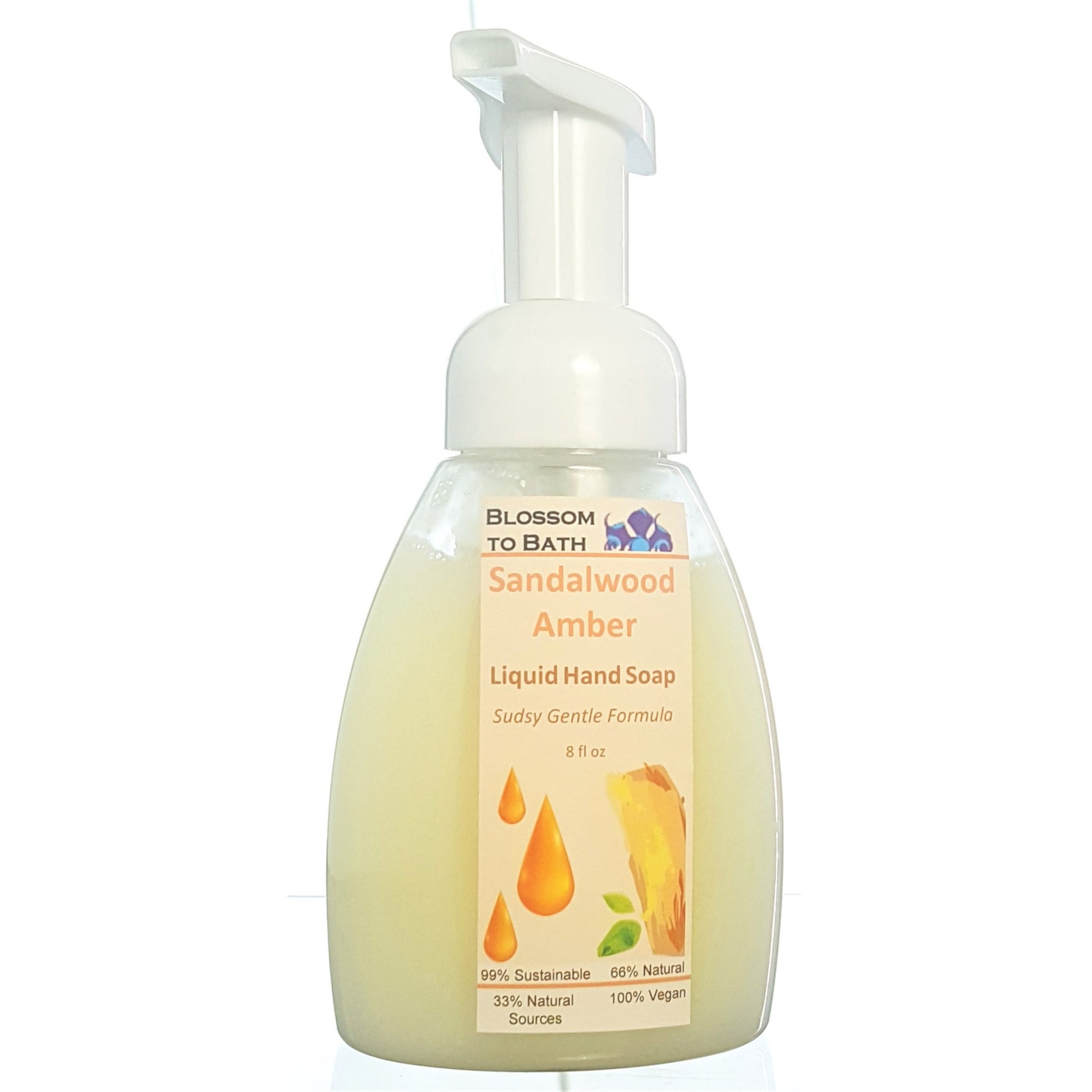 Buy Blossom to Bath Sandalwood Amber Liquid Hand Soap from Flowersong Soap Studio.  Get clean hands without drying in a convenient foaming pump  An irresistible combination of warm sandalwood and spice.