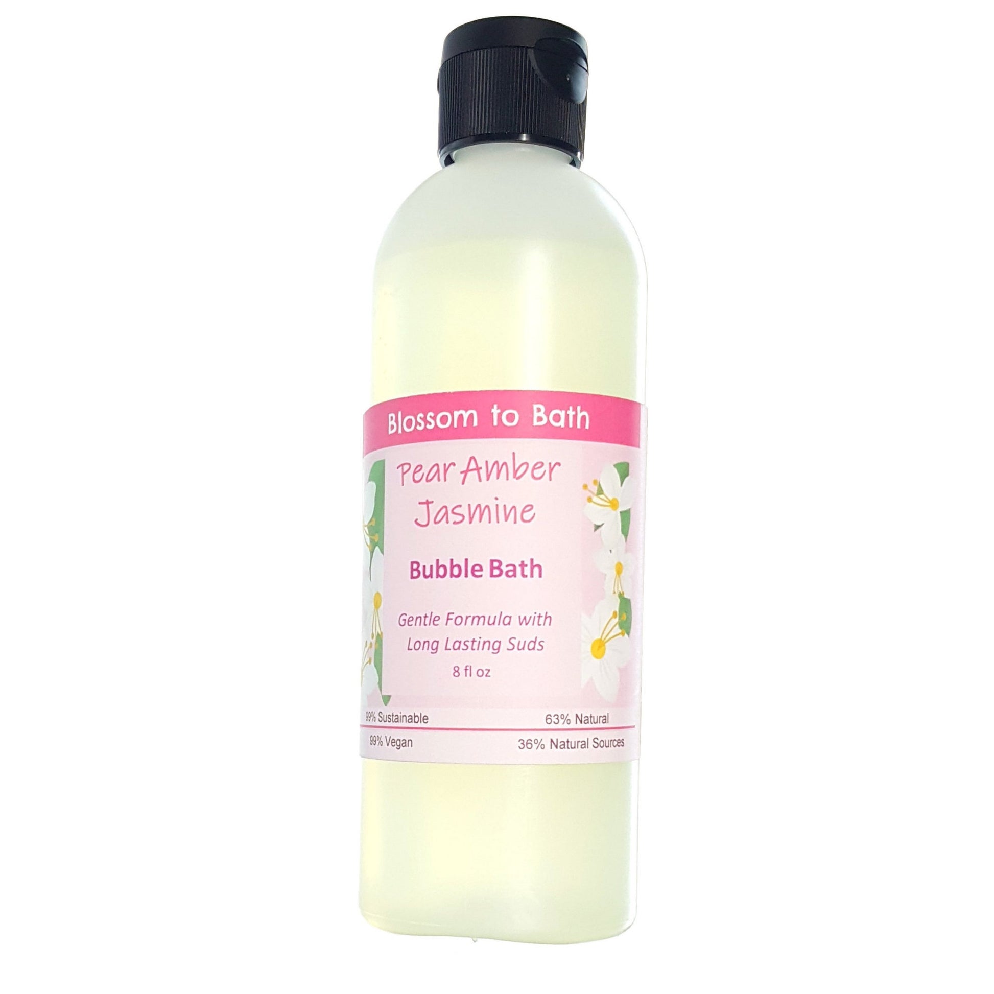 Buy Blossom to Bath Pear Amber Jasmine Bubble Bath from Flowersong Soap Studio.  Lively, long lasting  bubbles in a gentle plant based formula for maximum relaxation time  A scent that lets you escape to an island paradise of pear, jasmine, and warm spices.