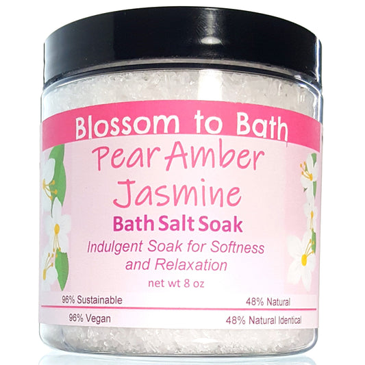 Buy Blossom to Bath Pear Amber Jasmine Bath Salt Soak from Flowersong Soap Studio.  Scented epsom salts for a luxurious soaking experience  A scent that lets you escape to an island paradise of pear, jasmine, and warm spices.