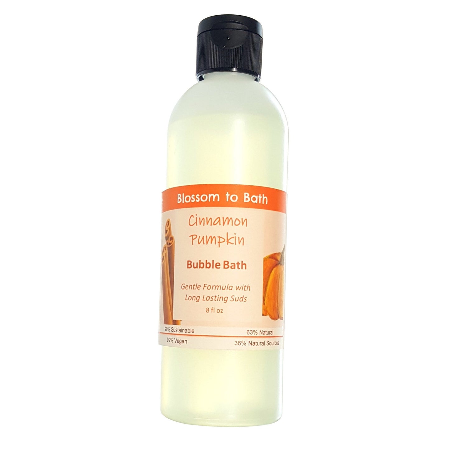 Buy Blossom to Bath Cinnamon Pumpkin Bubble Bath from Flowersong Soap Studio.  Lively, long lasting  bubbles in a gentle plant based formula for maximum relaxation time  An engaging, cheerful scent filled with sweet vanilla and warm spice.