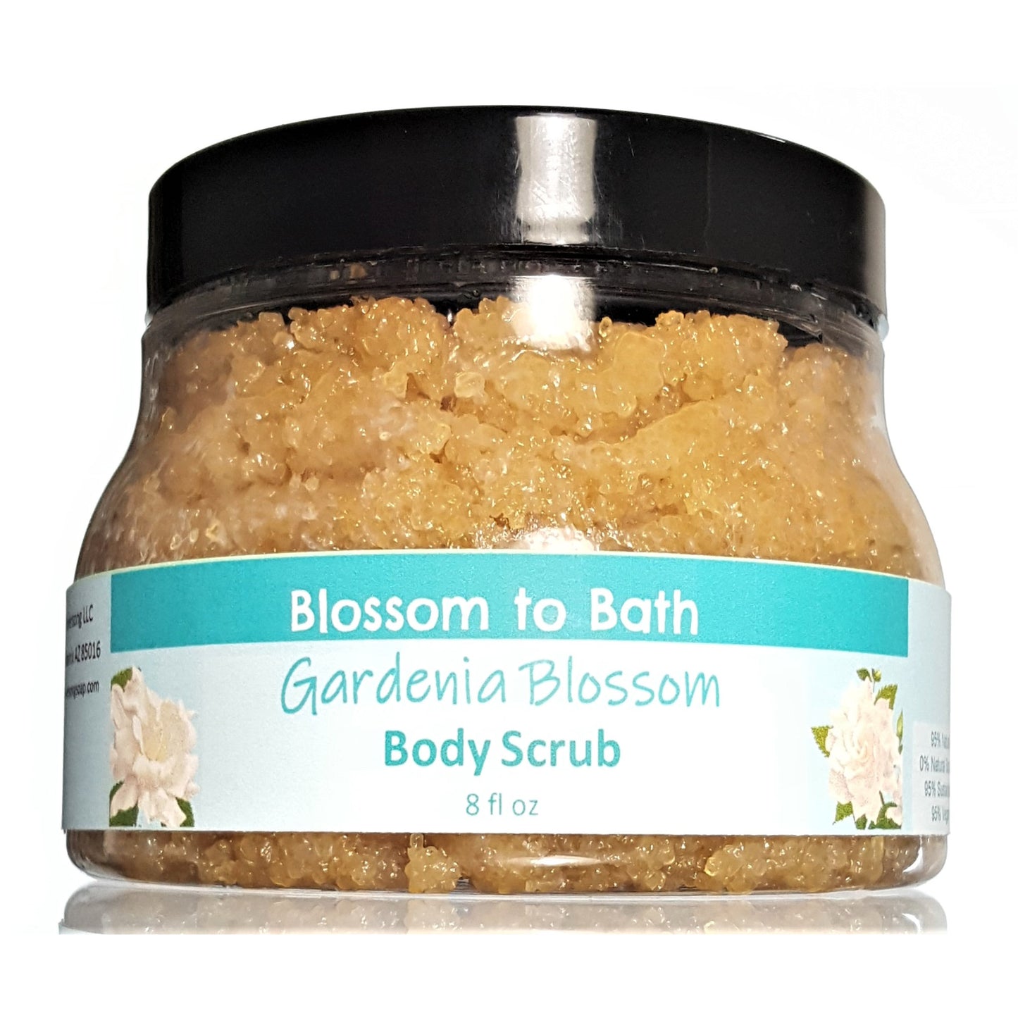 Buy Blossom to Bath Gardenia Blossom Body Scrub from Flowersong Soap Studio.  Large crystal turbinado sugar plus  rich oils conveniently exfoliate and moisturize in one step  Sweet Gardenia in a puff of blooming summer flowers