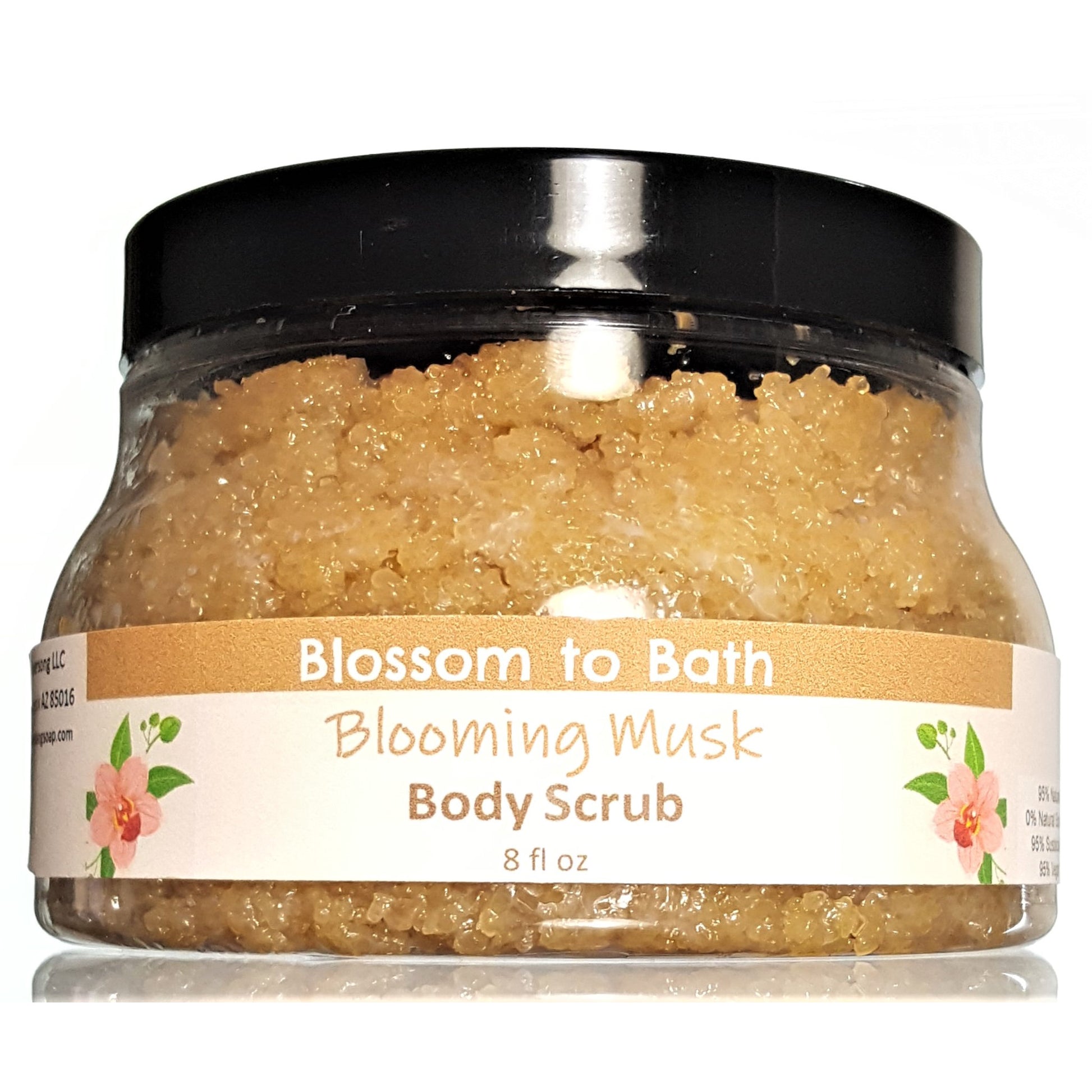 Buy Blossom to Bath Blooming Musk Body Scrub from Flowersong Soap Studio.  Large crystal turbinado sugar plus  rich oils conveniently exfoliate and moisturize in one step  A sensual floral and musk scent that is subtle and feminine.