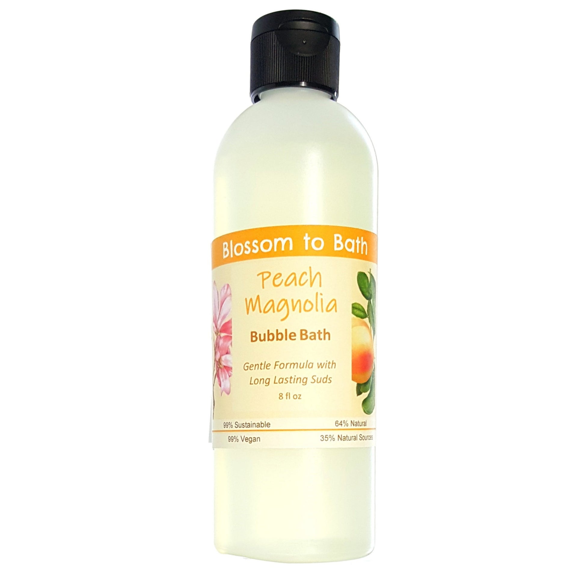Buy Blossom to Bath Peach Magnolia Bubble Bath from Flowersong Soap Studio.  Lively, long lasting  bubbles in a gentle plant based formula for maximum relaxation time  An intoxicating blend of peach, magnolia, and raspberry.