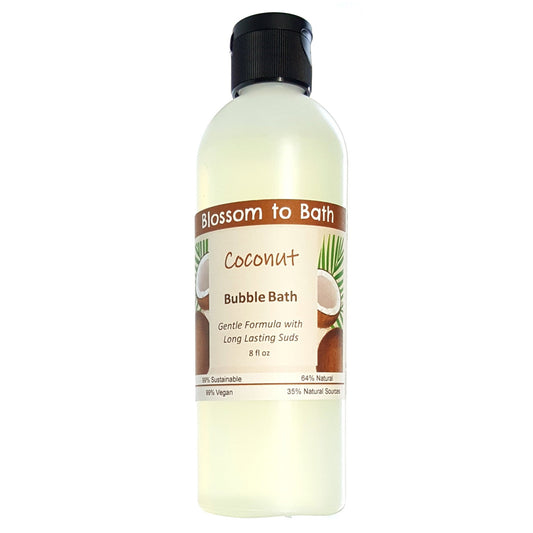 Buy Blossom to Bath Coconut Bubble Bath from Flowersong Soap Studio.  Lively, long lasting  bubbles in a gentle plant based formula for maximum relaxation time  Bold coconut swirled with tropical fruit.