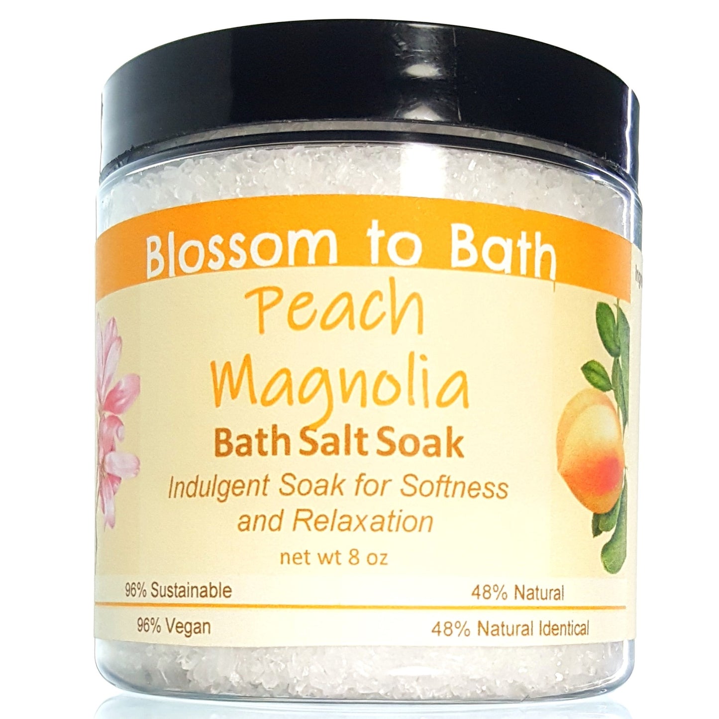 Buy Blossom to Bath Peach Magnolia Bath Salt Soak from Flowersong Soap Studio.  Scented epsom salts for a luxurious soaking experience  An intoxicating blend of peach, magnolia, and raspberry.