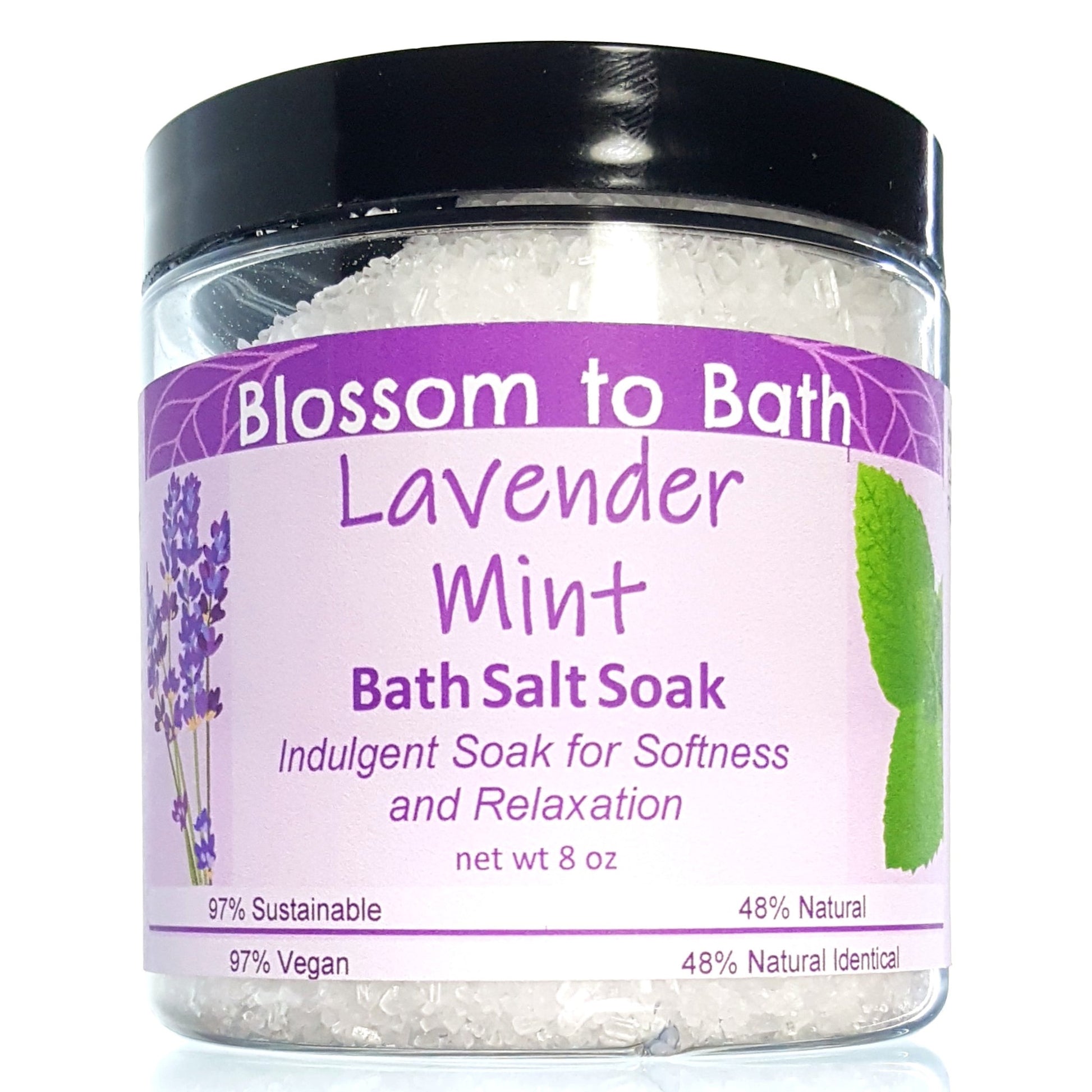 Buy Blossom to Bath Lavender Mint Bath Salt Soak from Flowersong Soap Studio.  Scented epsom salts for a luxurious soaking experience  A cheerfully relaxing combination of lavender and peppermint.
