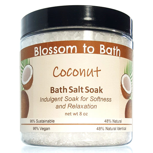 Buy Blossom to Bath Coconut Bath Salt Soak from Flowersong Soap Studio.  Scented epsom salts for a luxurious soaking experience  Bold coconut swirled with tropical fruit.