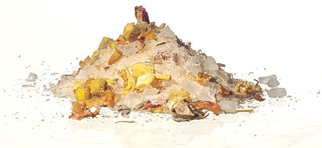 Buy Blossom to Bath Sandalwood Jasmine Botanical Bath Salts from Flowersong Soap Studio.  A hand selected variety of skin loving botanicals and mineral rich salts for a unique, luxurious soaking experience  Floral jasmine meets earthy sandalwood to create a soul stirring blend.