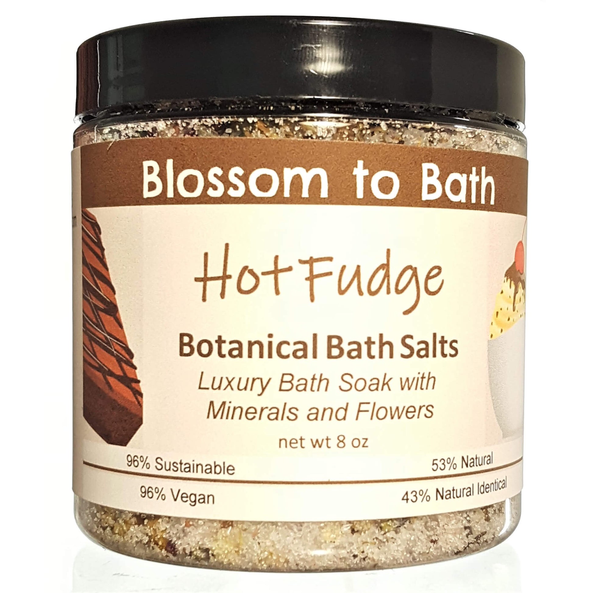 Buy Blossom to Bath Hot Fudge Botanical Bath Salts from Flowersong Soap Studio.  A hand selected variety of skin loving botanicals and mineral rich salts for a unique, luxurious soaking experience  The fragrance is three layers deep in rich chocolate.