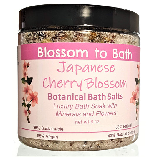 Buy Blossom to Bath Japanese Cherry Blossom Botanical Bath Salts from Flowersong Soap Studio.  A hand selected variety of skin loving botanicals and mineral rich salts for a unique, luxurious soaking experience  A sophisticated and rich cherry blossom fragrance that is oriental and sensual.