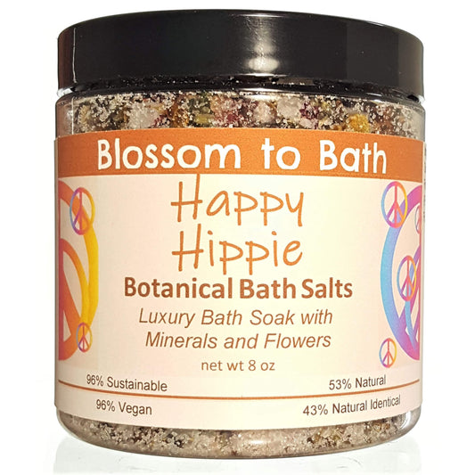 Buy Blossom to Bath Happy Hippie Botanical Bath Salts from Flowersong Soap Studio.  A hand selected variety of skin loving botanicals and mineral rich salts for a unique, luxurious soaking experience  A refreshing herbal fragrance that elevates your mood and your perspective.