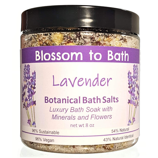 Buy Blossom to Bath Lavender Botanical Bath Salts from Flowersong Soap Studio.  A hand selected variety of skin loving botanicals and mineral rich salts for a unique, luxurious soaking experience  Classic lavender scent that is relaxing and comforting.
