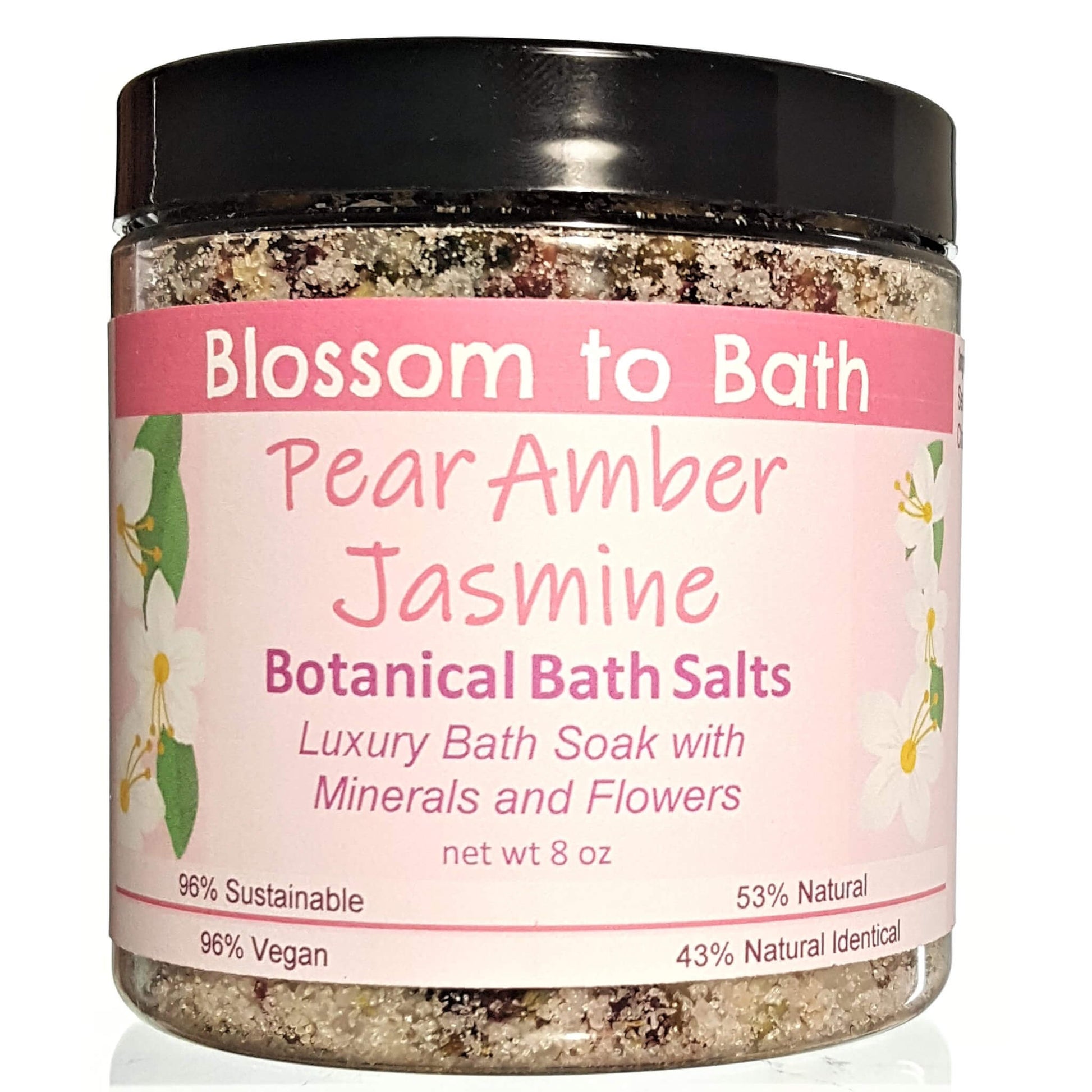 Buy Blossom to Bath Pear Amber Jasmine Botanical Bath Salts from Flowersong Soap Studio.  A hand selected variety of skin loving botanicals and mineral rich salts for a unique, luxurious soaking experience  A scent that lets you escape to an island paradise of pear, jasmine, and warm spices.