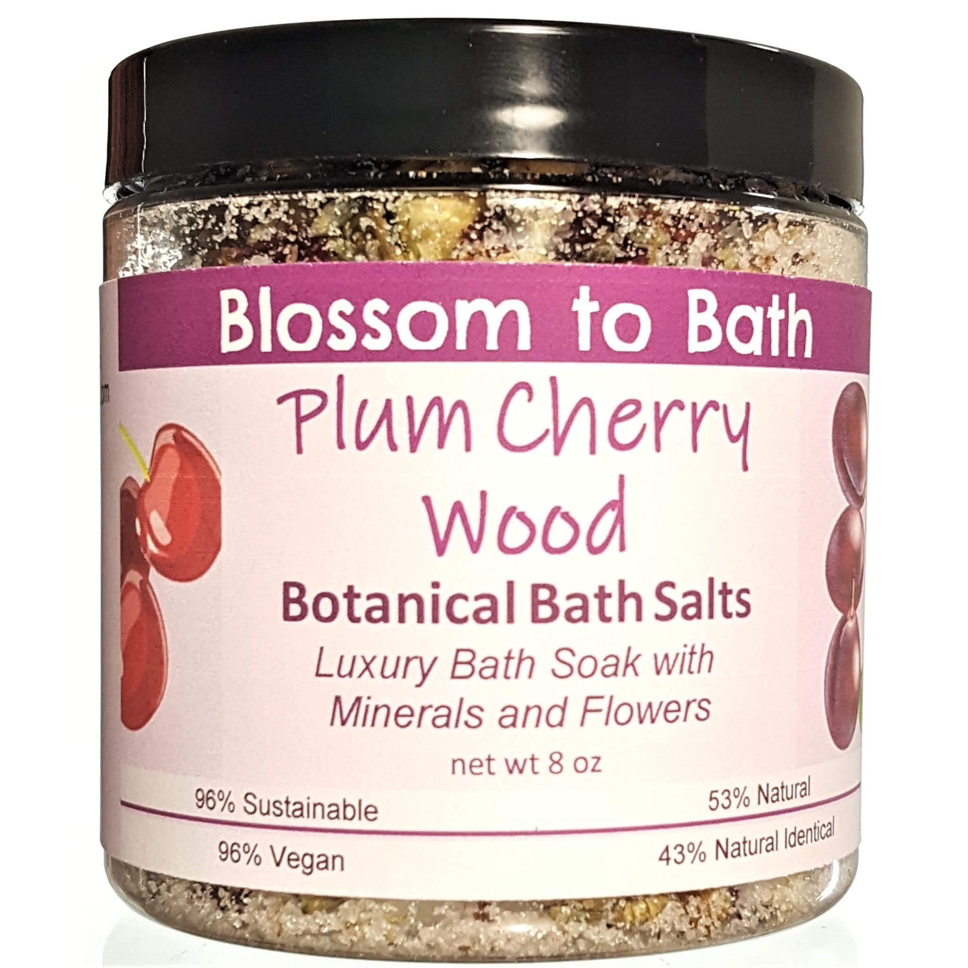 Buy Blossom to Bath Plum Cherry Wood Botanical Bath Salts from Flowersong Soap Studio.  A hand selected variety of skin loving botanicals and mineral rich salts for a unique, luxurious soaking experience  A charmingly sweet and woodsy fragrance.