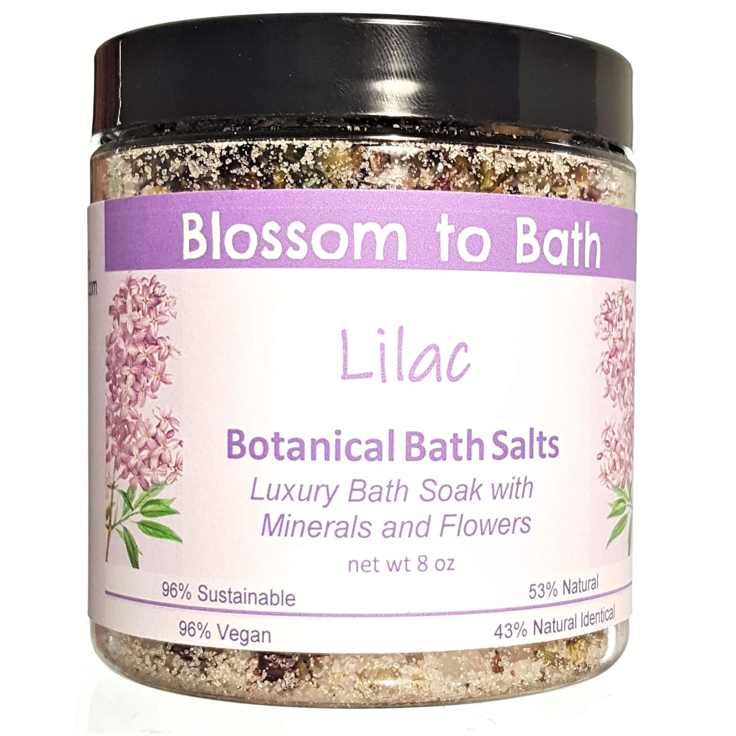 Buy Blossom to Bath Lilac Botanical Bath Salts from Flowersong Soap Studio.  A hand selected variety of skin loving botanicals and mineral rich salts for a unique, luxurious soaking experience  The scent of a freshly blooming lilac bush, the embodiment of spring flowers.