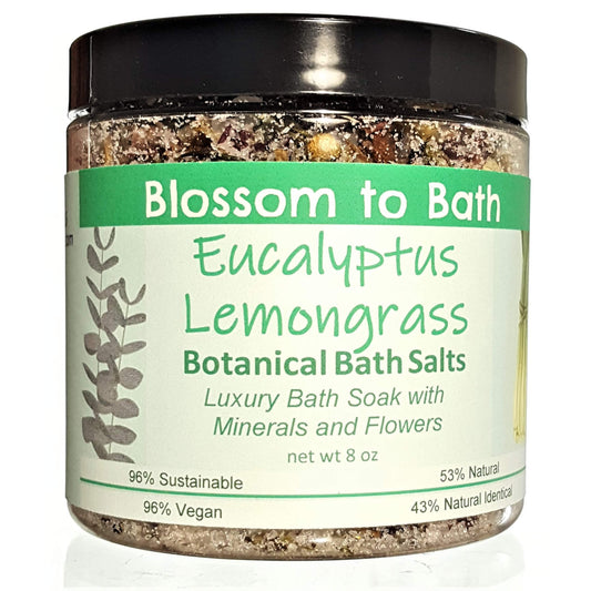 Buy Blossom to Bath Eucalyptus Lemongrass Botanical Bath Salts from Flowersong Soap Studio.  A hand selected variety of skin loving botanicals and mineral rich salts for a unique, luxurious soaking experience  Fresh, sweet herbally clean scent of lemongrass and bracing Eucalyptus.