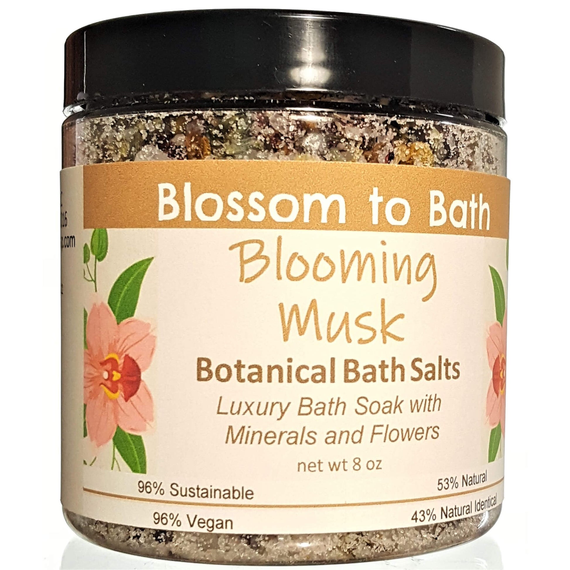 Buy Blossom to Bath Blooming Musk Botanical Bath Salts from Flowersong Soap Studio.  A hand selected variety of skin loving botanicals and mineral rich salts for a unique, luxurious soaking experience  A sensual floral and musk scent that is subtle and feminine.