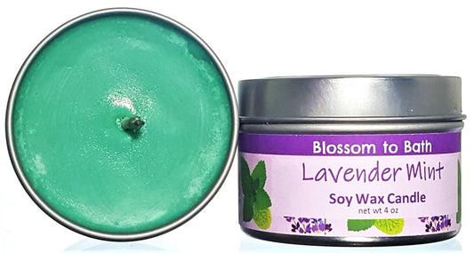 Buy Blossom to Bath Lavender Mint Soy Wax Candle from Flowersong Soap Studio.  Fill the air with a charming fragrance that lasts for hours  A cheerfully relaxing combination of lavender and peppermint.