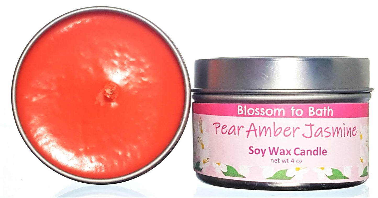 Buy Blossom to Bath Pear Amber Jasmine Soy Wax Candle from Flowersong Soap Studio.  Fill the air with a charming fragrance that lasts for hours  A scent that lets you escape to an island paradise of pear, jasmine, and warm spices.
