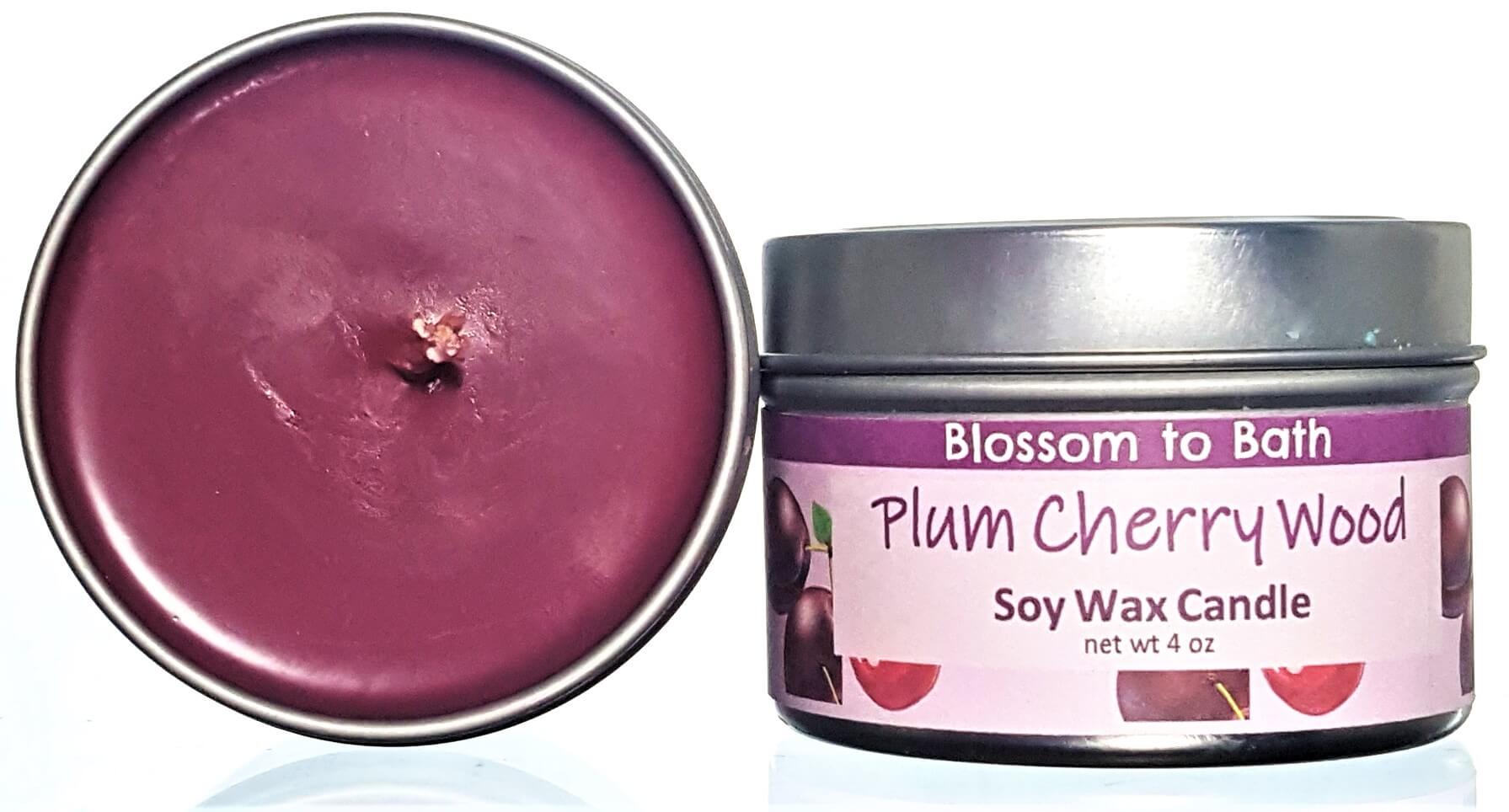 Buy Blossom to Bath Plum Cherry Wood Soy Wax Candle from Flowersong Soap Studio.  Fill the air with a charming fragrance that lasts for hours  A charmingly sweet and woodsy fragrance.