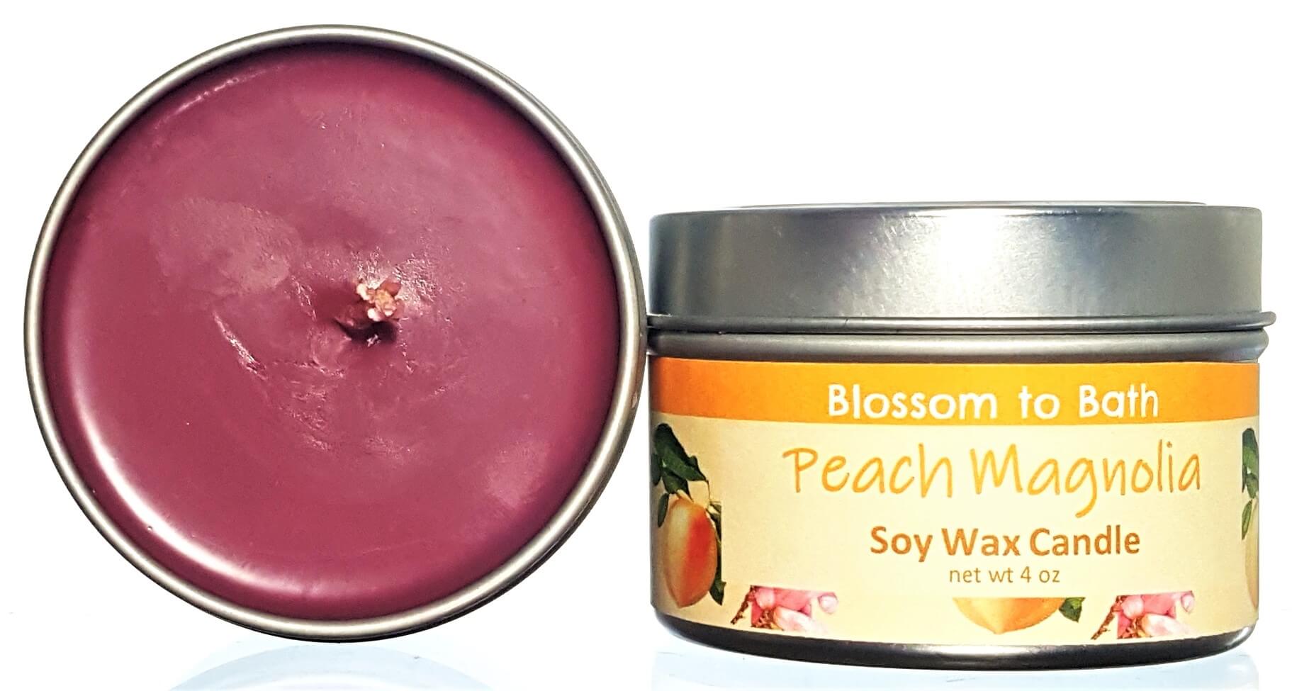 Buy Blossom to Bath Peach Magnolia Soy Wax Candle from Flowersong Soap Studio.  Fill the air with a charming fragrance that lasts for hours  An intoxicating blend of peach, magnolia, and raspberry.