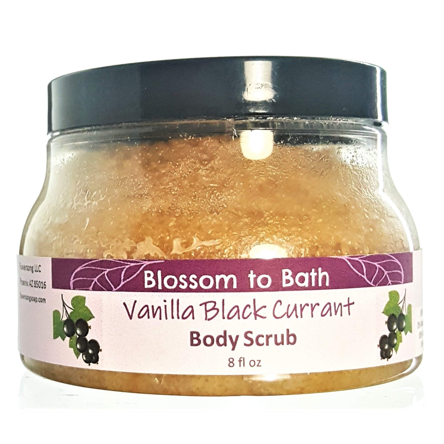 Buy Blossom to Bath Vanilla Black Currant Body Scrub from Flowersong Soap Studio.  Large crystal turbinado sugar plus luxury rich oils conveniently exfoliate and moisturize in one step  A sensuous rich berry scent with a hint of vanilla and a twist of freshness.