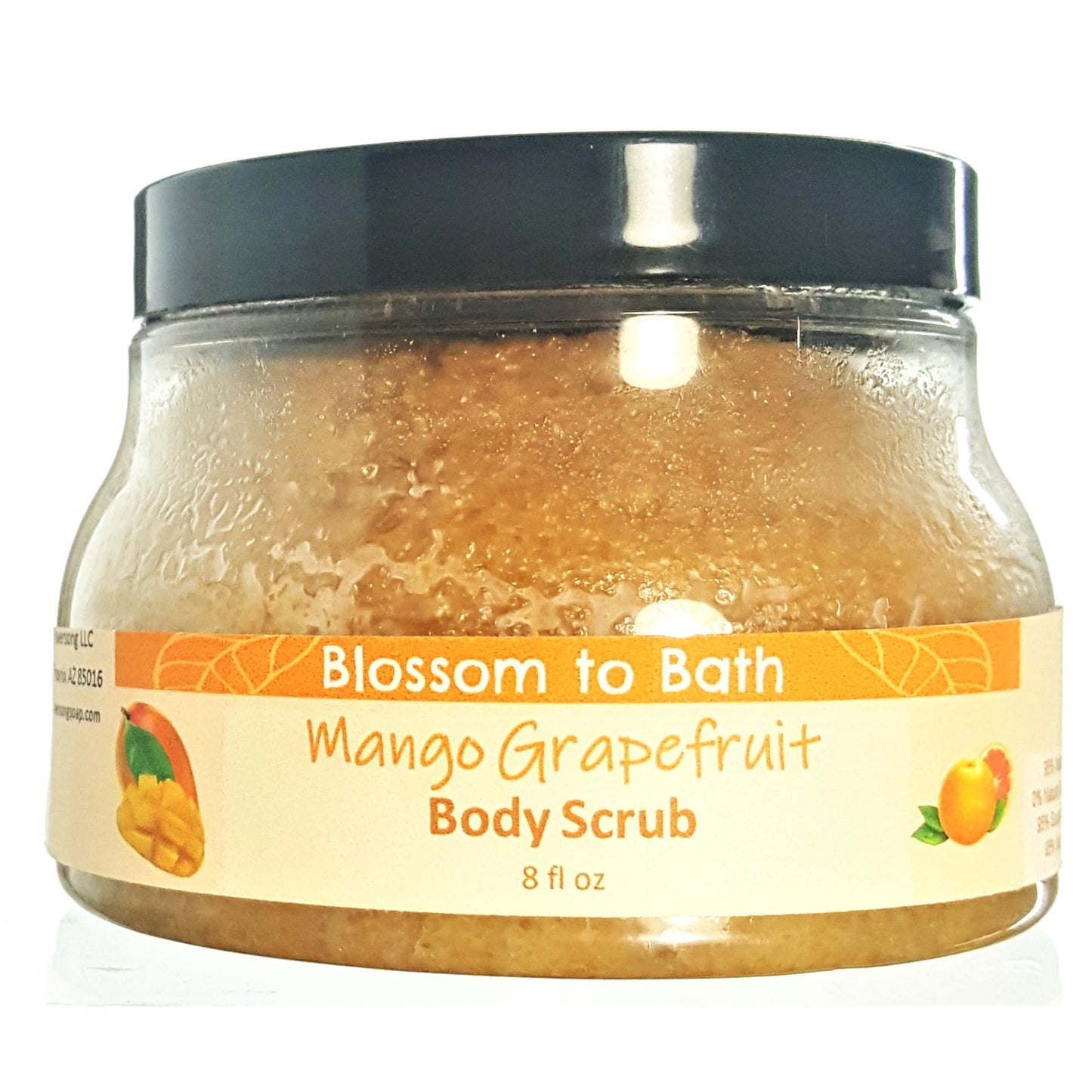 Buy Blossom to Bath Mango Grapefruit Body Scrub from Flowersong Soap Studio.  Large crystal turbinado sugar plus luxury rich oils conveniently exfoliate and moisturize in one step  Exotic tropical fruits in a powdery puff of sophisticated freshness.