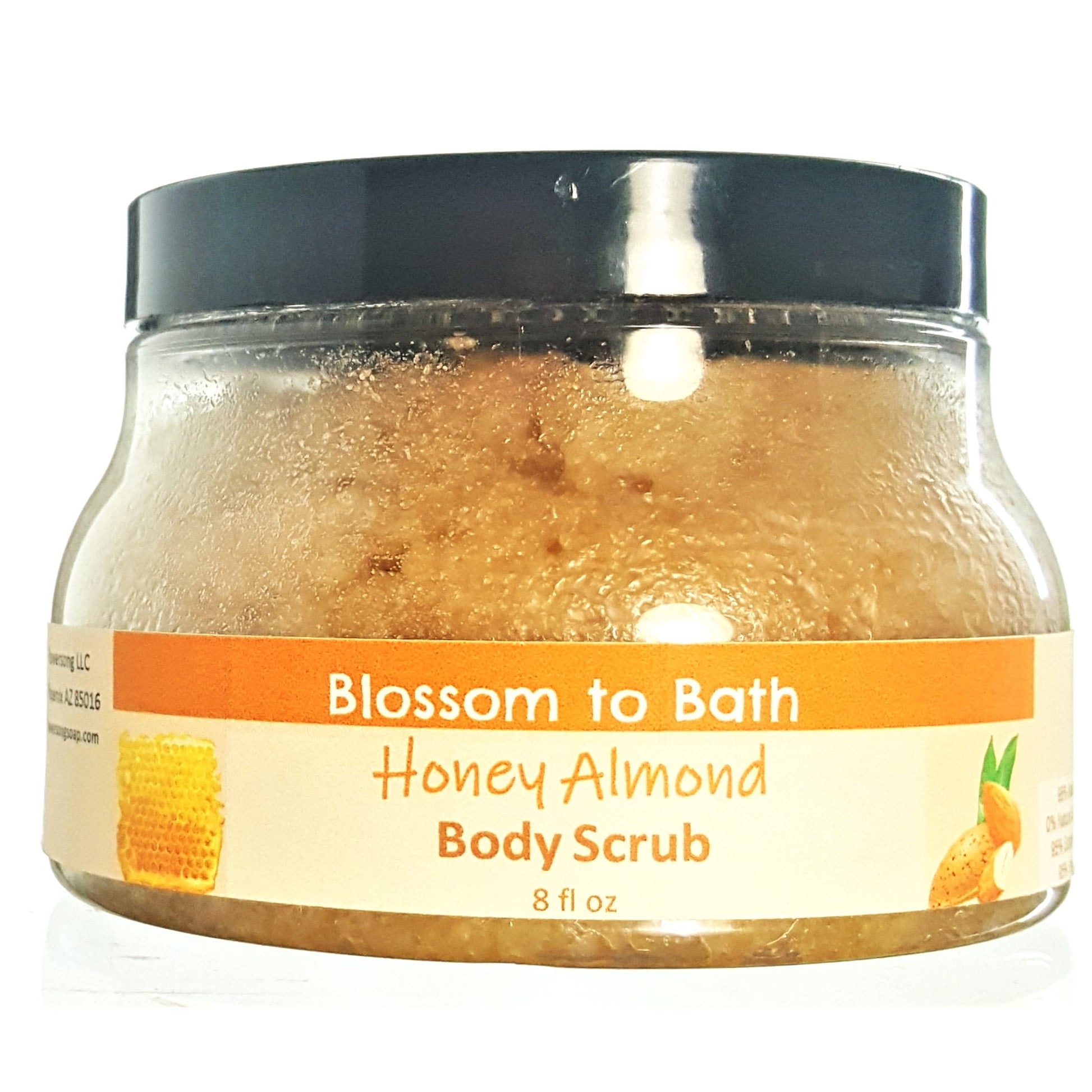 Buy Blossom to Bath Honey Almond Body Scrub from Flowersong Soap Studio.  Large crystal turbinado sugar plus  rich oils conveniently exfoliate and moisturize in one step  Sweetly fragrant nutty almond drizzled with honey.