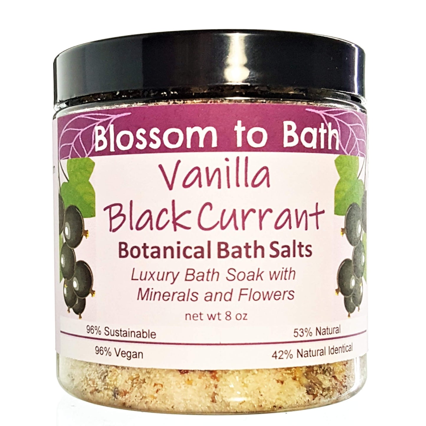 Buy Blossom to Bath Vanilla Black Currant Botanical Bath Salts from Flowersong Soap Studio.  A hand selected variety of skin loving botanicals and mineral rich salts for a unique, luxurious soaking experience  A sensuous rich berry scent with a hint of vanilla and a twist of freshness.