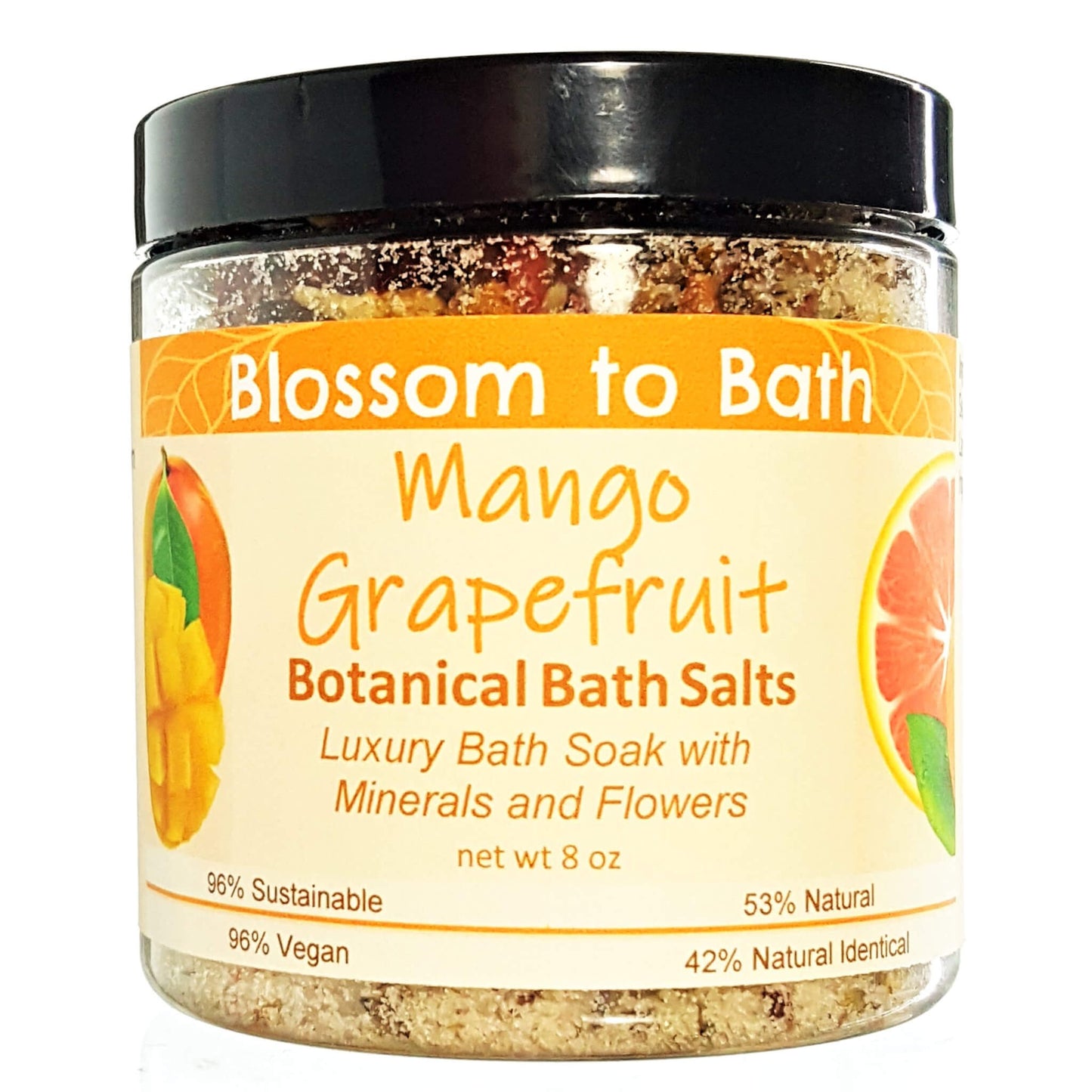 Buy Blossom to Bath Mango Grapefruit Botanical Bath Salts from Flowersong Soap Studio.  A hand selected variety of skin loving botanicals and mineral rich salts for a unique, luxurious soaking experience  Exotic tropical fruits in a powdery puff of sophisticated freshness.