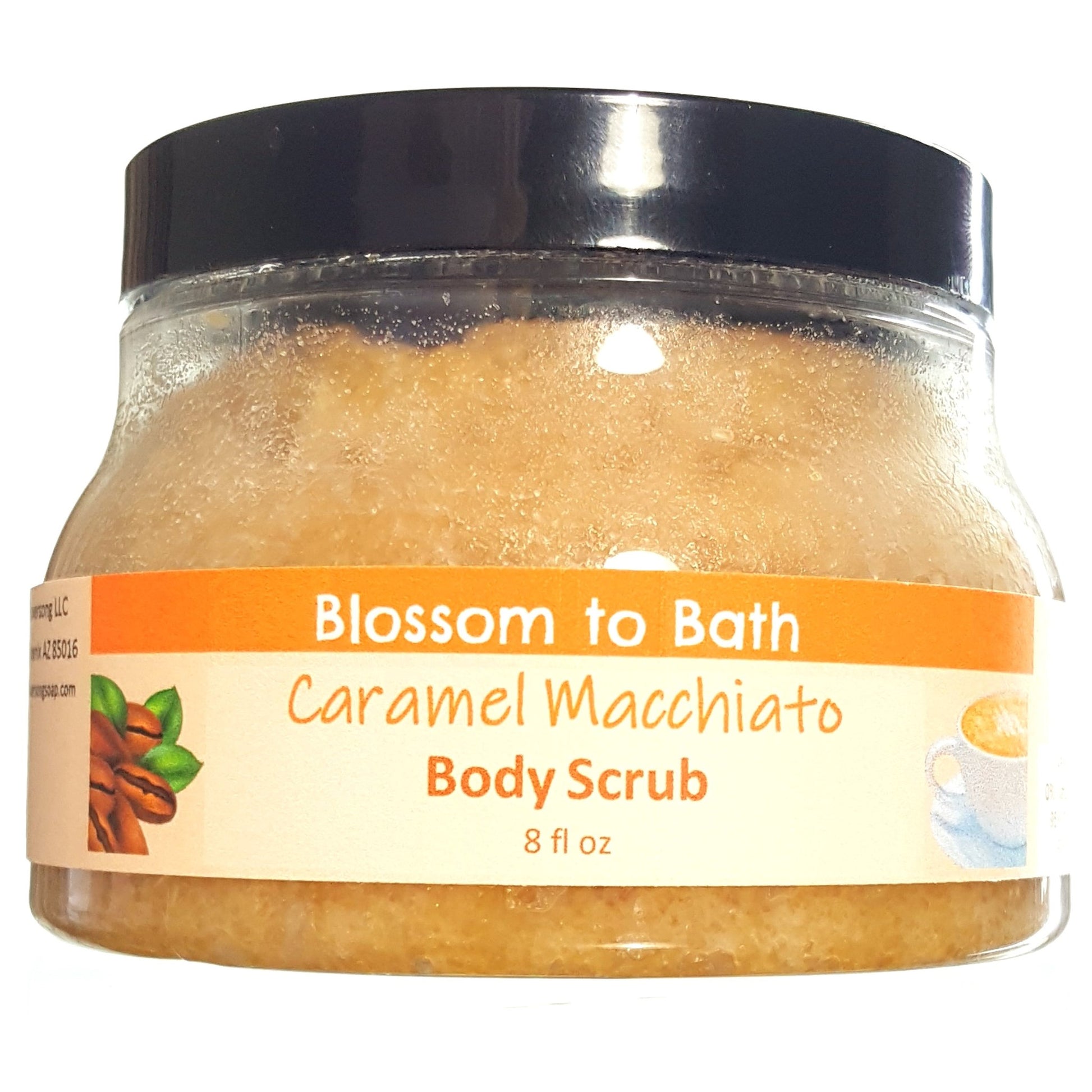 Buy Blossom to Bath Caramel Macchiato Body Scrub from Flowersong Soap Studio.  Large crystal turbinado sugar plus  rich oils conveniently exfoliate and moisturize in one step  Luscious vanilla and warm rich caramel - a gourmet coffee experience with sweet caramel in a bed of vibrant coffee;