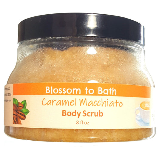 Buy Blossom to Bath Caramel Macchiato Body Scrub from Flowersong Soap Studio.  Large crystal turbinado sugar plus  rich oils conveniently exfoliate and moisturize in one step  Luscious vanilla and warm rich caramel - a gourmet coffee experience with sweet caramel in a bed of vibrant coffee;