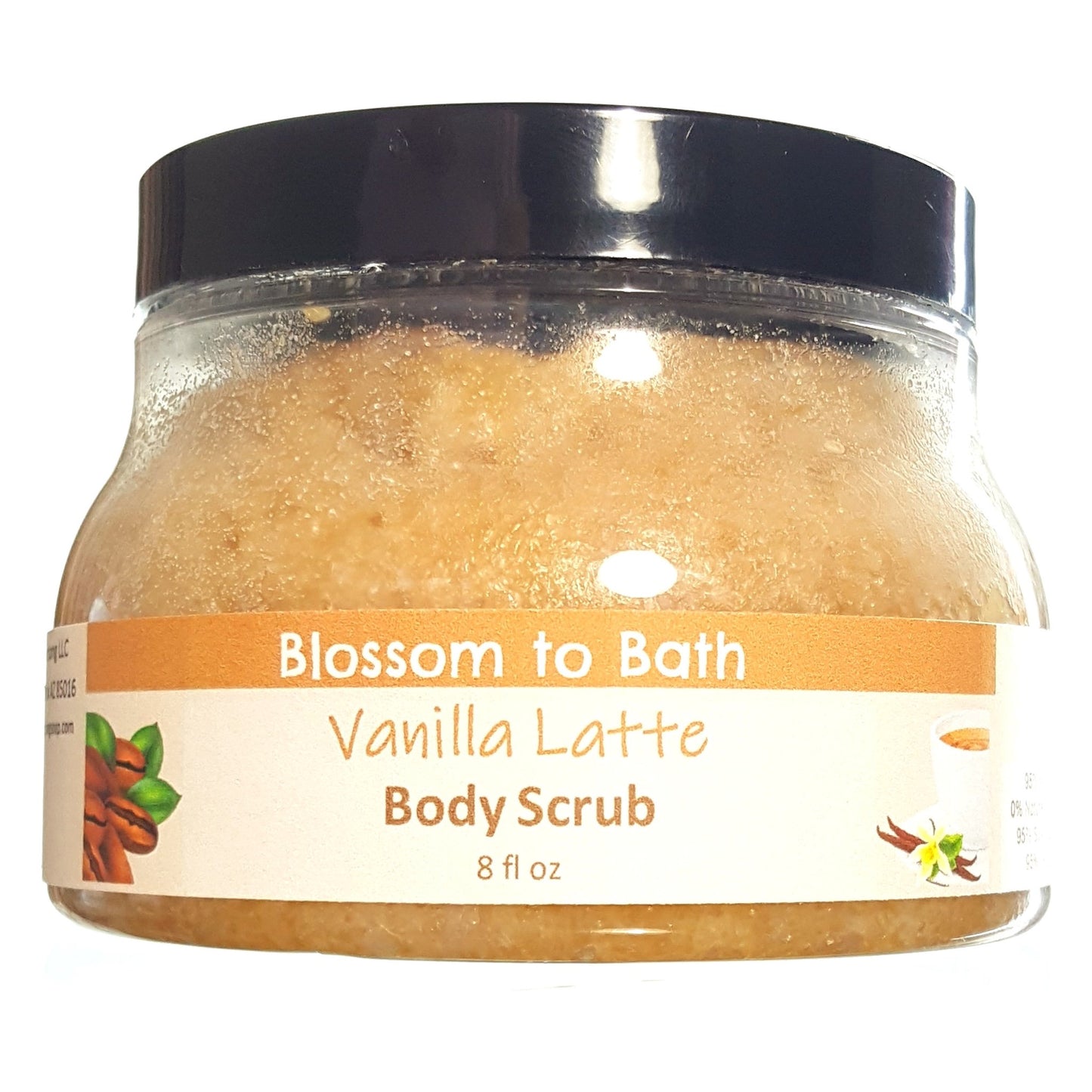 Buy Blossom to Bath Vanilla Latte Body Scrub from Flowersong Soap Studio.  Large crystal turbinado sugar plus  rich oils conveniently exfoliate and moisturize in one step  Sweetened vanilla combines with rich coffee to form the classic latte scent.