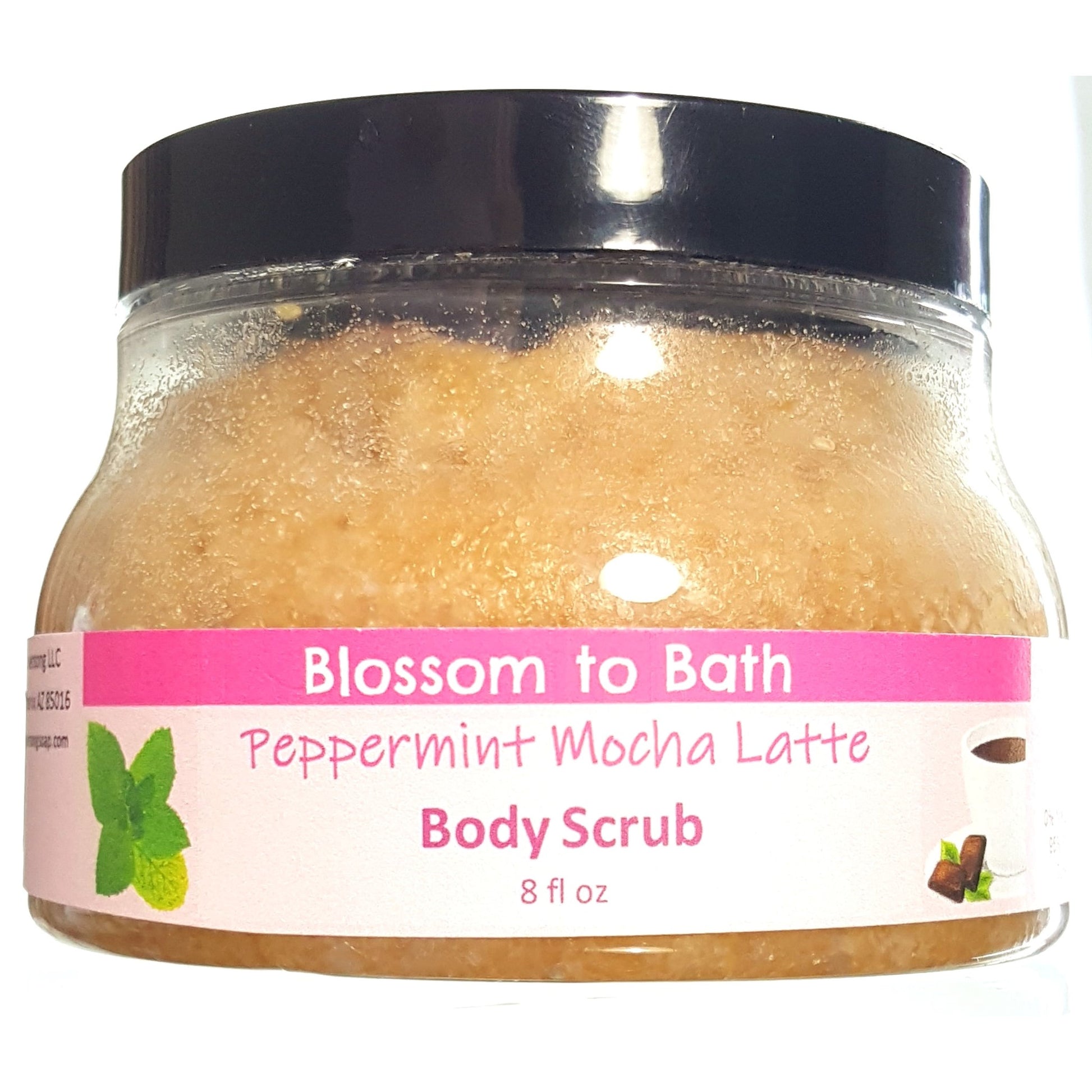 Buy Blossom to Bath Peppermint Mocha Latte Body Scrub from Flowersong Soap Studio.  Large crystal turbinado sugar plus  rich oils conveniently exfoliate and moisturize in one step  A confectionary blend of fresh mint, rich fudge, and coffee.