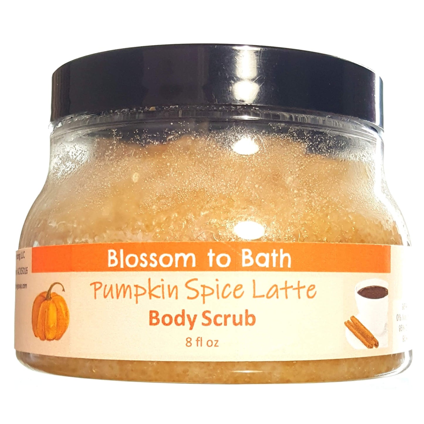 Buy Blossom to Bath Pumpkin Spice Latte Body Scrub from Flowersong Soap Studio.  Large crystal turbinado sugar plus  rich oils conveniently exfoliate and moisturize in one step  Deep vanilla and lightly fruited spice blend seamlessly with rich coffee.