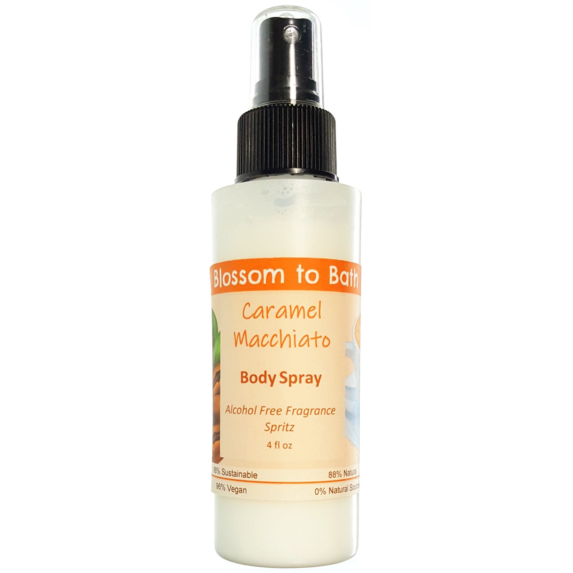 Buy Blossom to Bath Caramel Macchiato Body Spray from Flowersong Soap Studio.  Natural  freshening of skin, linens, or air  Luscious vanilla and warm rich caramel - a gourmet coffee experience with sweet caramel in a bed of vibrant coffee;