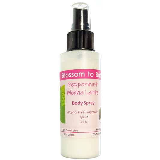 Buy Blossom to Bath Peppermint Mocha Latte Body Spray from Flowersong Soap Studio.  Natural  freshening of skin, linens, or air  A confectionary blend of fresh mint, rich fudge, and coffee.