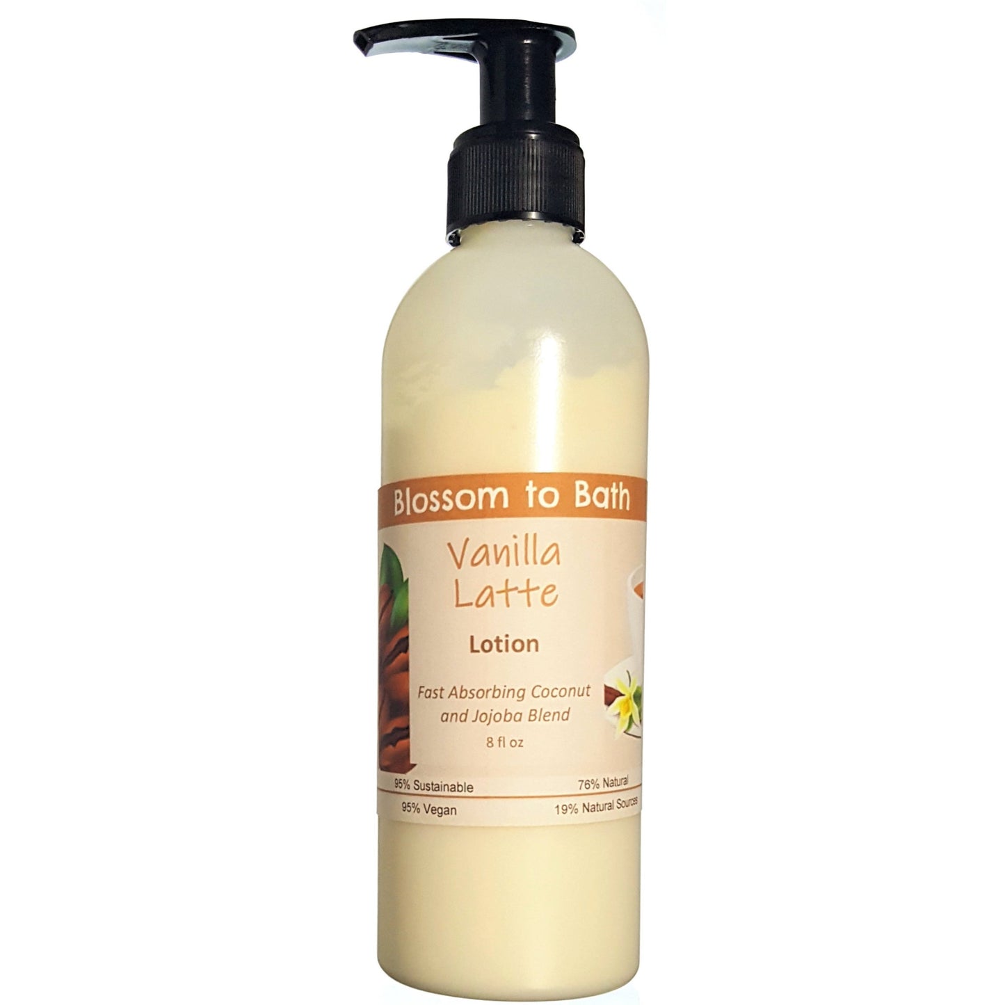 Buy Blossom to Bath Vanilla Latte Lotion from Flowersong Soap Studio.  Daily moisture  that soaks in quickly made with organic oils and butters that soften and smooth the skin  Sweetened vanilla combines with rich coffee to form the classic latte scent.