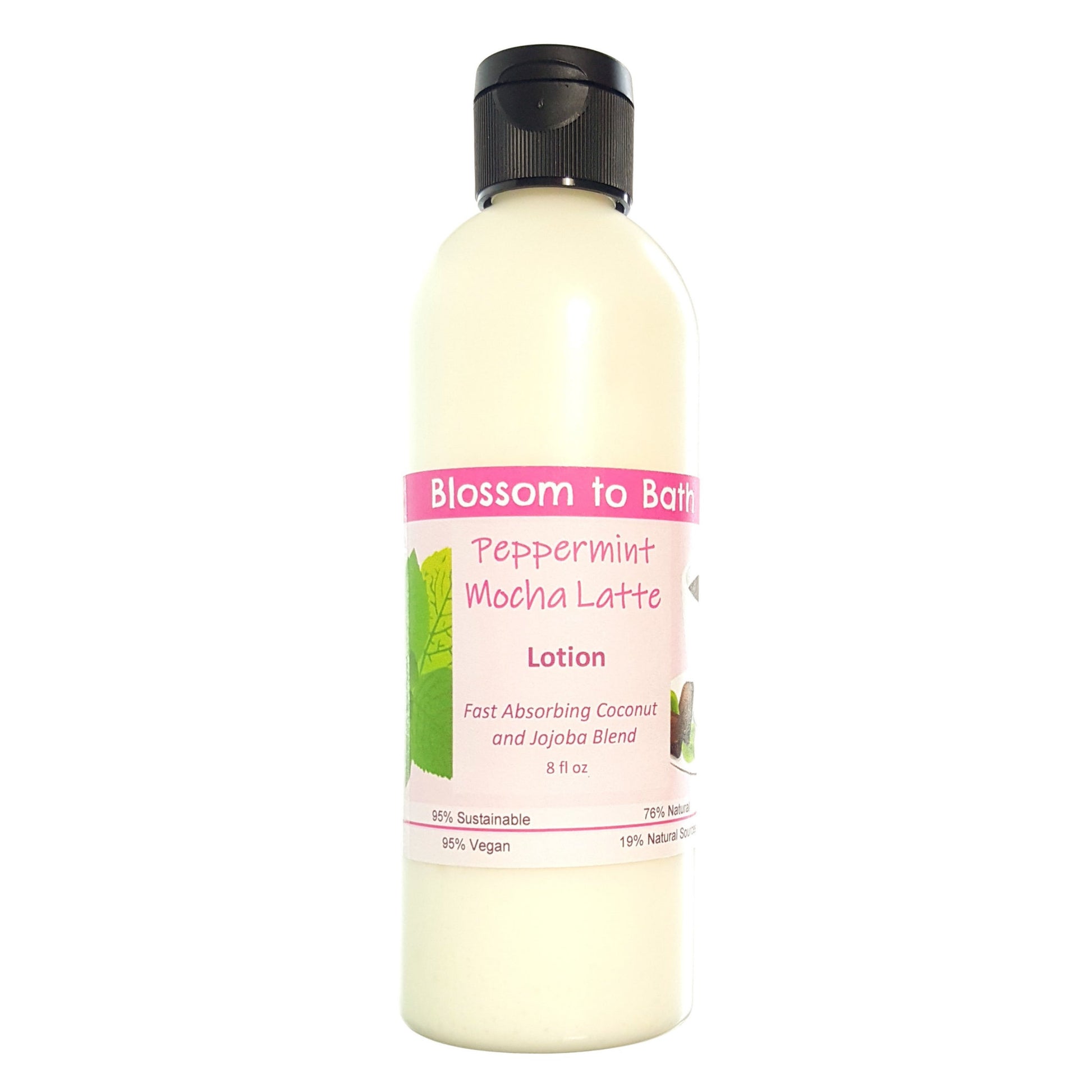 Buy Blossom to Bath Peppermint Mocha Latte Lotion from Flowersong Soap Studio.  Daily moisture  that soaks in quickly made with organic oils and butters that soften and smooth the skin  A confectionary blend of fresh mint, rich fudge, and coffee.