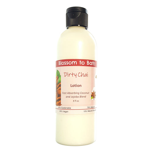 Buy Blossom to Bath Dirty Chai Lotion from Flowersong Soap Studio.  Daily moisture  that soaks in quickly made with organic oils and butters that soften and smooth the skin  A shot of rich espresso in a swirl of exotic warm clove and cardamom.
