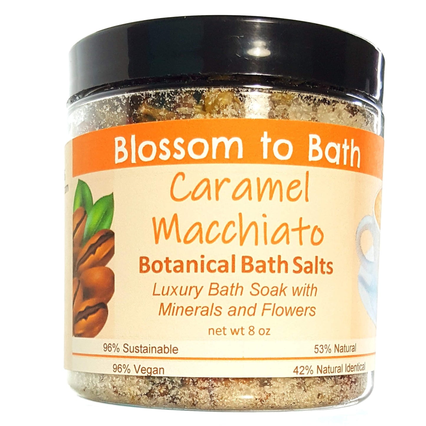 Buy Blossom to Bath Caramel Macchiato Botanical Bath Salts from Flowersong Soap Studio.  A hand selected variety of skin loving botanicals and mineral rich salts for a unique, luxurious soaking experience  Luscious vanilla and warm rich caramel - a gourmet coffee experience with sweet caramel in a bed of vibrant coffee;