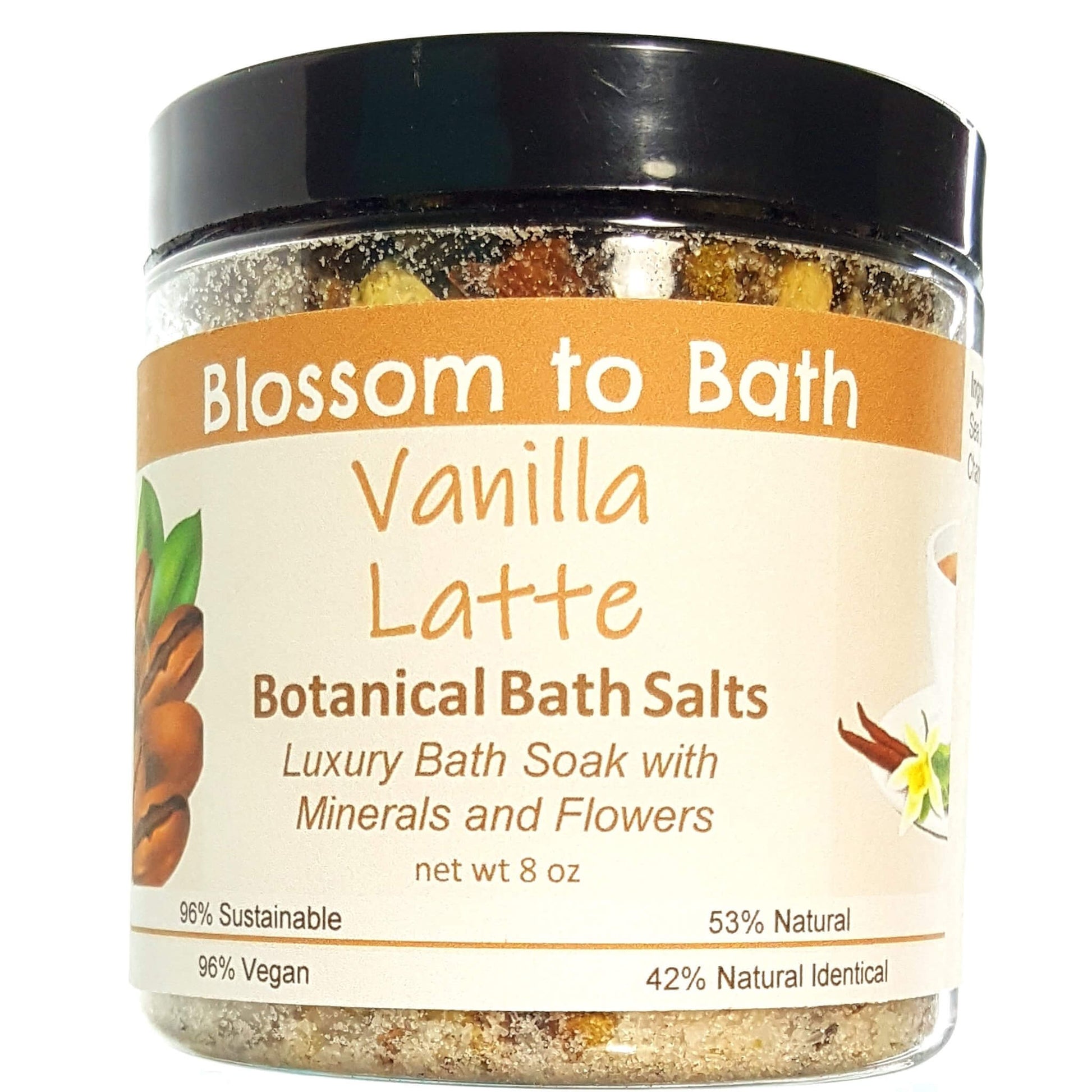 Buy Blossom to Bath Vanilla Latte Botanical Bath Salts from Flowersong Soap Studio.  A hand selected variety of skin loving botanicals and mineral rich salts for a unique, luxurious soaking experience  Sweetened vanilla combines with rich coffee to form the classic latte scent.