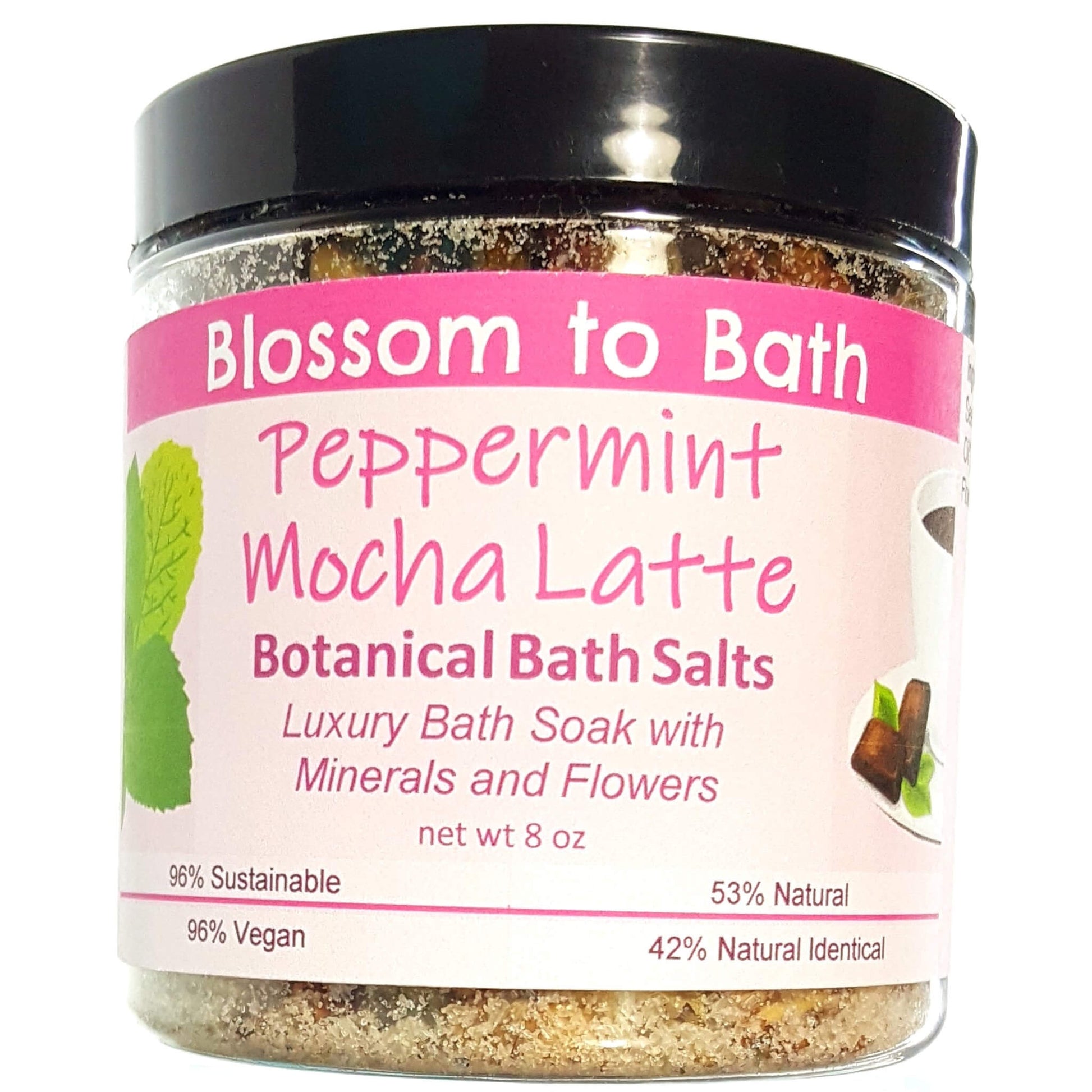 Buy Blossom to Bath Peppermint Mocha Latte Botanical Bath Salts from Flowersong Soap Studio.  A hand selected variety of skin loving botanicals and mineral rich salts for a unique, luxurious soaking experience  A confectionary blend of fresh mint, rich fudge, and coffee.