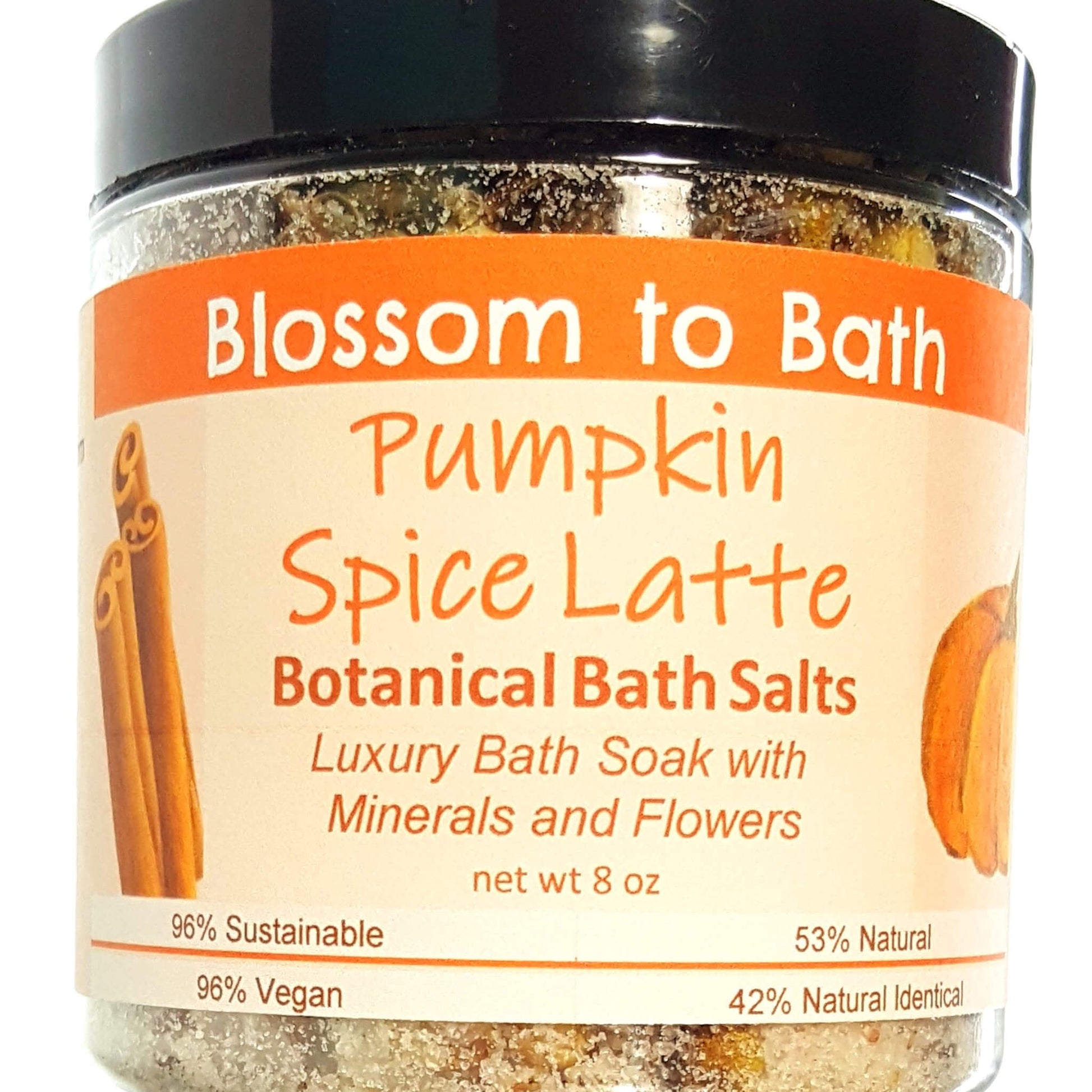 Buy Blossom to Bath Pumpkin Spice Latte Botanical Bath Salts from Flowersong Soap Studio.  A hand selected variety of skin loving botanicals and mineral rich salts for a unique, luxurious soaking experience  Deep vanilla and lightly fruited spice blend seamlessly with rich coffee.