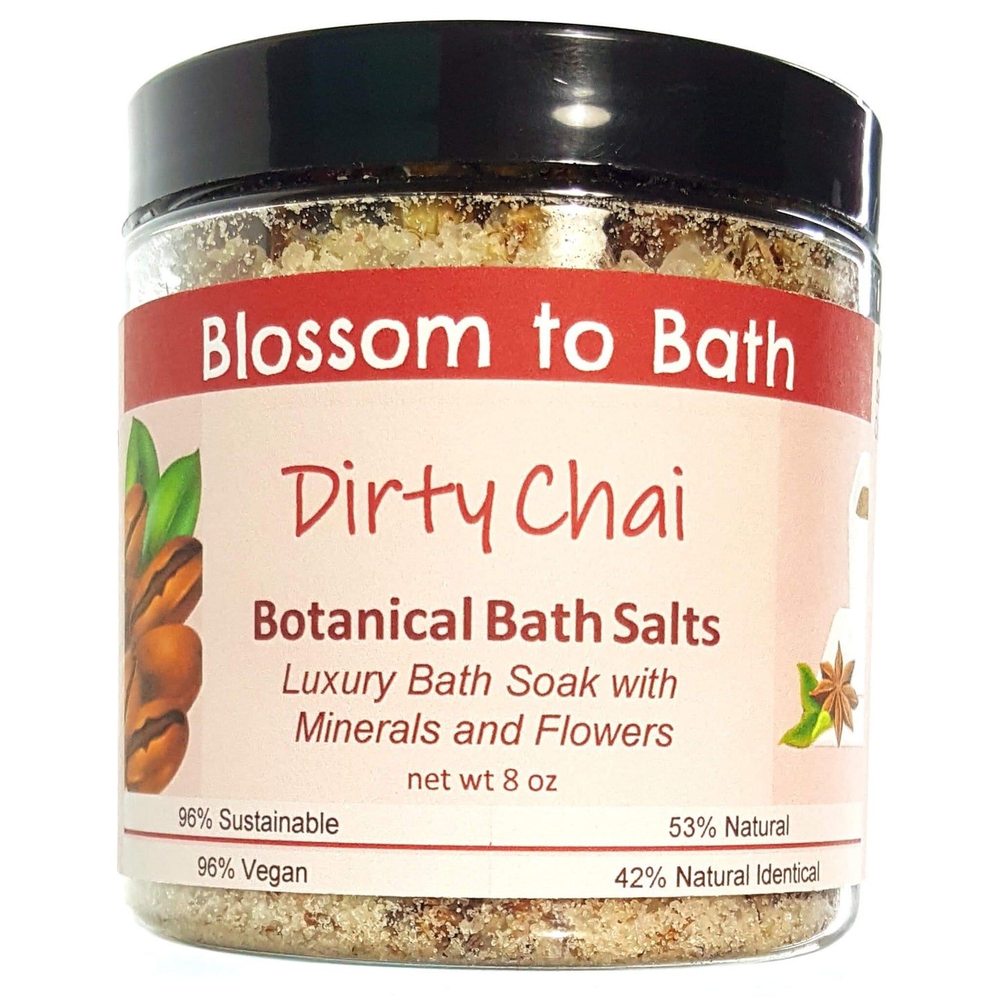 Buy Blossom to Bath Dirty Chai Botanical Bath Salts from Flowersong Soap Studio.  A hand selected variety of skin loving botanicals and mineral rich salts for a unique, luxurious soaking experience  A shot of rich espresso in a swirl of exotic warm clove and cardamom.